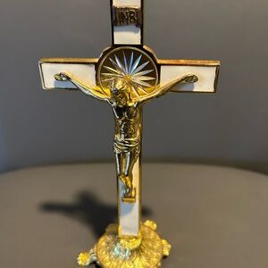Gold and White Standing Crucifix Decorative Cross